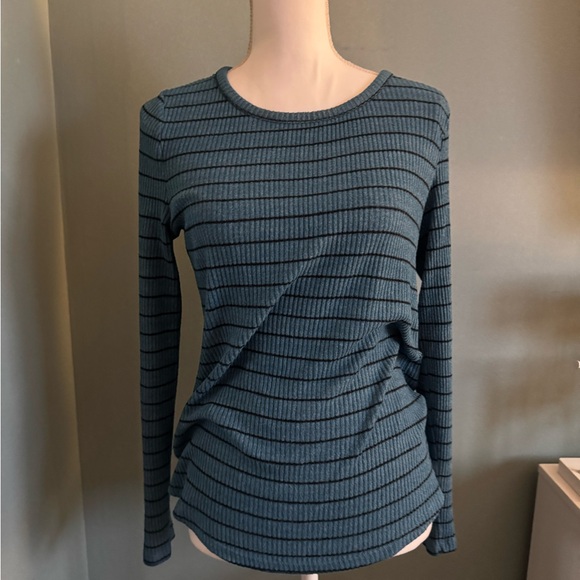 Old Navy Teal Striped Long Sleeve Lightweight Ribbed Sweater Tee Medium - Picture 2 of 3